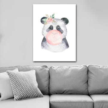Lerretsbilde 70x100 cm - Søt panda som blåser tyggegummi med en blomst i øret - Grå / Rosa / Grønn - Interiør - Maleri & posters - Lerretsbilder