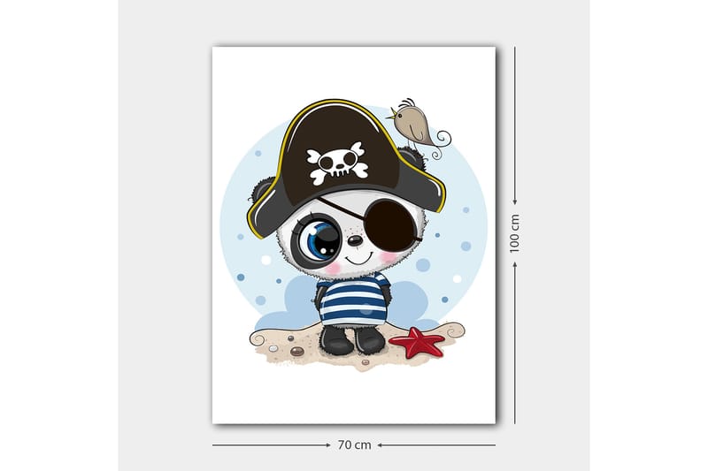 Lerretsbilde 70x100 cm - Søt panda kledd som pirat med øyelapp og pirathatt - Blå / Svart / Hvit - Interiør - Maleri & posters - Lerretsbilder