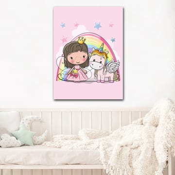 Lerretsbilde 70x100 cm - Søt prinsesse med enhjørning under en regnbue - Rosa / Hvit / Gull - Interiør - Maleri & posters - Lerretsbilder