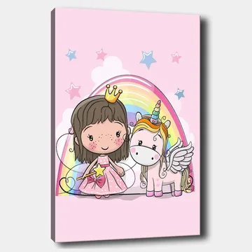 Lerretsbilde 70x100 cm - Søt prinsesse med enhjørning under en regnbue - Rosa / Hvit / Gull - Interiør - Maleri & posters - Lerretsbilder