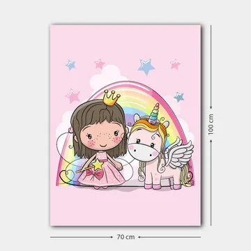 Lerretsbilde 70x100 cm - Søt prinsesse med enhjørning under en regnbue - Rosa / Hvit / Gull - Interiør - Maleri & posters - Lerretsbilder
