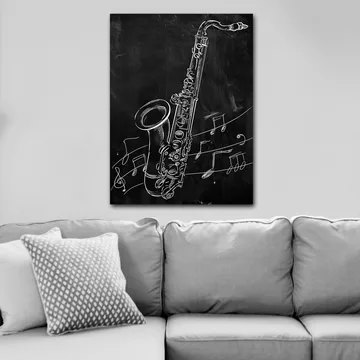 Lerretsbilde 70x100 cm - Saksofon omgitt av noter på svart bakgrunn - Hvit / Svart - Interiør - Maleri & posters - Lerretsbilder
