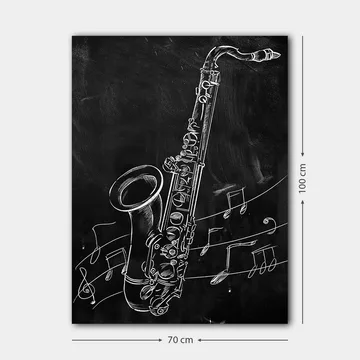 Lerretsbilde 70x100 cm - Saksofon omgitt av noter på svart bakgrunn - Hvit / Svart - Interiør - Maleri & posters - Lerretsbilder