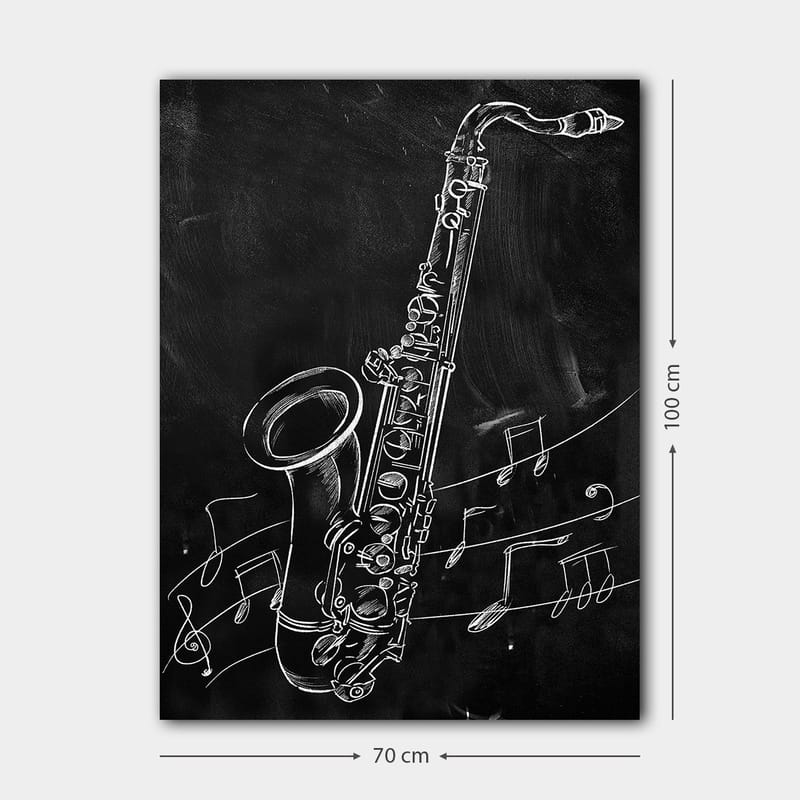 Lerretsbilde 70x100 cm - Saksofon omgitt av noter på svart bakgrunn - Hvit / Svart - Interiør - Maleri & posters - Lerretsbilder