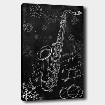 Lerretsbilde 70x100 cm - Saksofon omgitt av snøflak og noter i en vinterlig atmosfære - Hvit / Svart / Grå - Interiør - Maleri & posters - Lerretsbilder