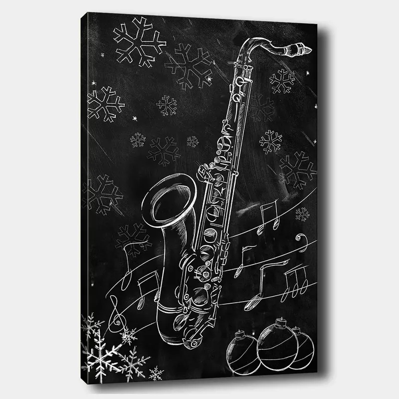 Lerretsbilde 70x100 cm - Saksofon omgitt av snøflak og noter i en vinterlig atmosfære, Hvit / Svart / Grå