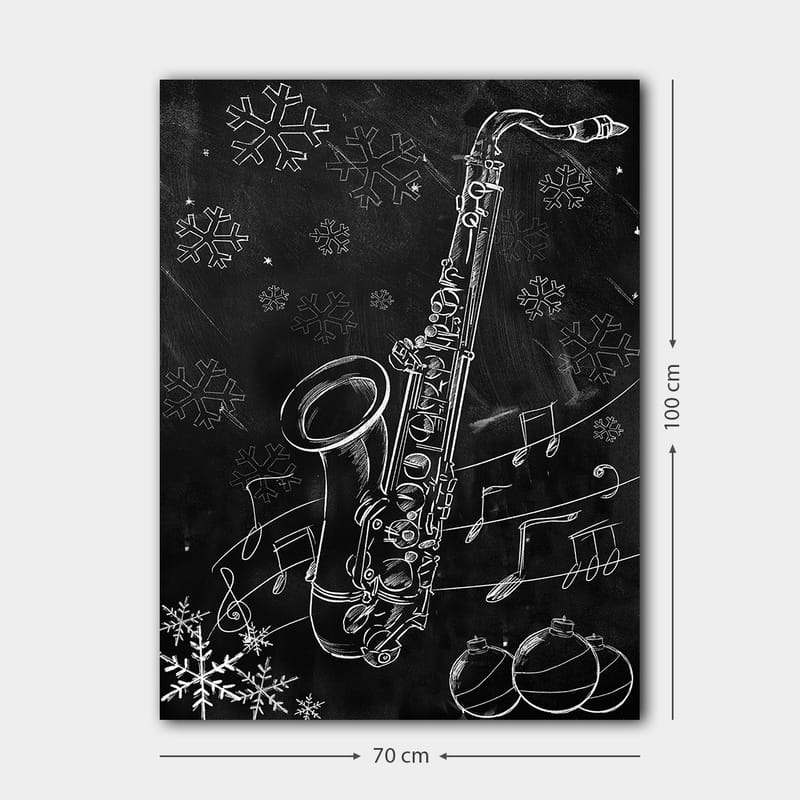 Lerretsbilde 70x100 cm - Saksofon omgitt av snøflak og noter i en vinterlig atmosfære - Hvit / Svart / Grå - Interiør - Maleri & posters - Lerretsbilder