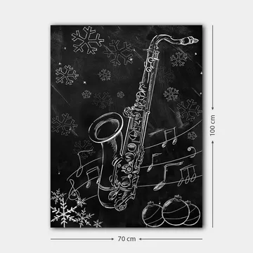 Lerretsbilde 70x100 cm - Saksofon omgitt av snøflak og noter i en vinterlig atmosfære - Hvit / Svart / Grå - Interiør - Maleri & posters - Lerretsbilder