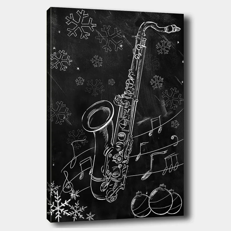 Lerretsbilde 70x100 cm - Saksofon omgitt av snøflak og noter i en vinterlig atmosfære, Hvit / Svart / Grå