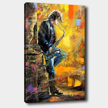 Lerretsbilde 70x100 cm - Saksofonist spiller med lidenskap i et fargerikt miljø - Gul / Blå / Svart - Interiør - Maleri & posters - Lerretsbilder