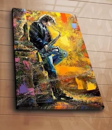 Lerretsbilde 70x100 cm - Saksofonist spiller med lidenskap i et fargerikt miljø - Gul / Blå / Svart - Interiør - Maleri & posters - Lerretsbilder