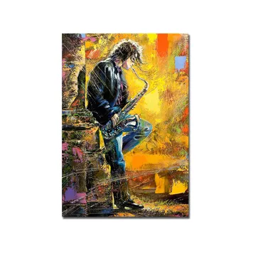 Lerretsbilde 70x100 cm - Saksofonist spiller med lidenskap i et fargerikt miljø - Gul / Blå / Svart - Interiør - Maleri & posters - Lerretsbilder