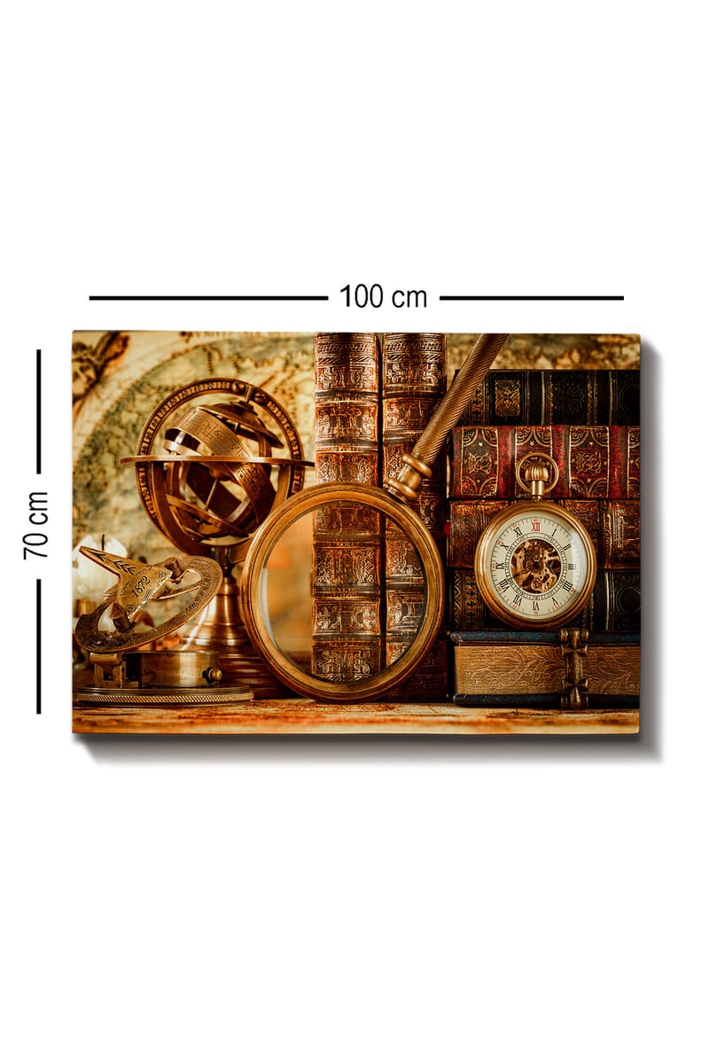 Lerretsbilde 70x100 cm - Samling av antikke navigasjonsverktøy og bøker som formidler en følelse av historie og utforskning - Gull / Brun / Mørk rød - Interiør - Maleri & posters - Lerretsbilder