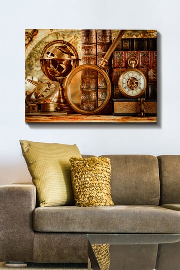 Lerretsbilde 70x100 cm - Samling av antikke navigasjonsverktøy og bøker som formidler en følelse av historie og utforskning - Gull / Brun / Mørk rød - Interiør - Maleri & posters - Lerretsbilder