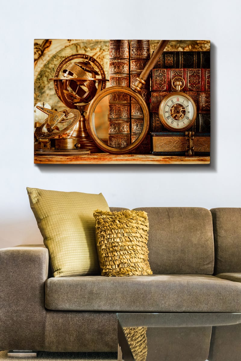 Lerretsbilde 70x100 cm - Samling av antikke navigasjonsverktøy og bøker som formidler en følelse av historie og utforskning - Gull / Brun / Mørk rød - Interiør - Maleri & posters - Lerretsbilder