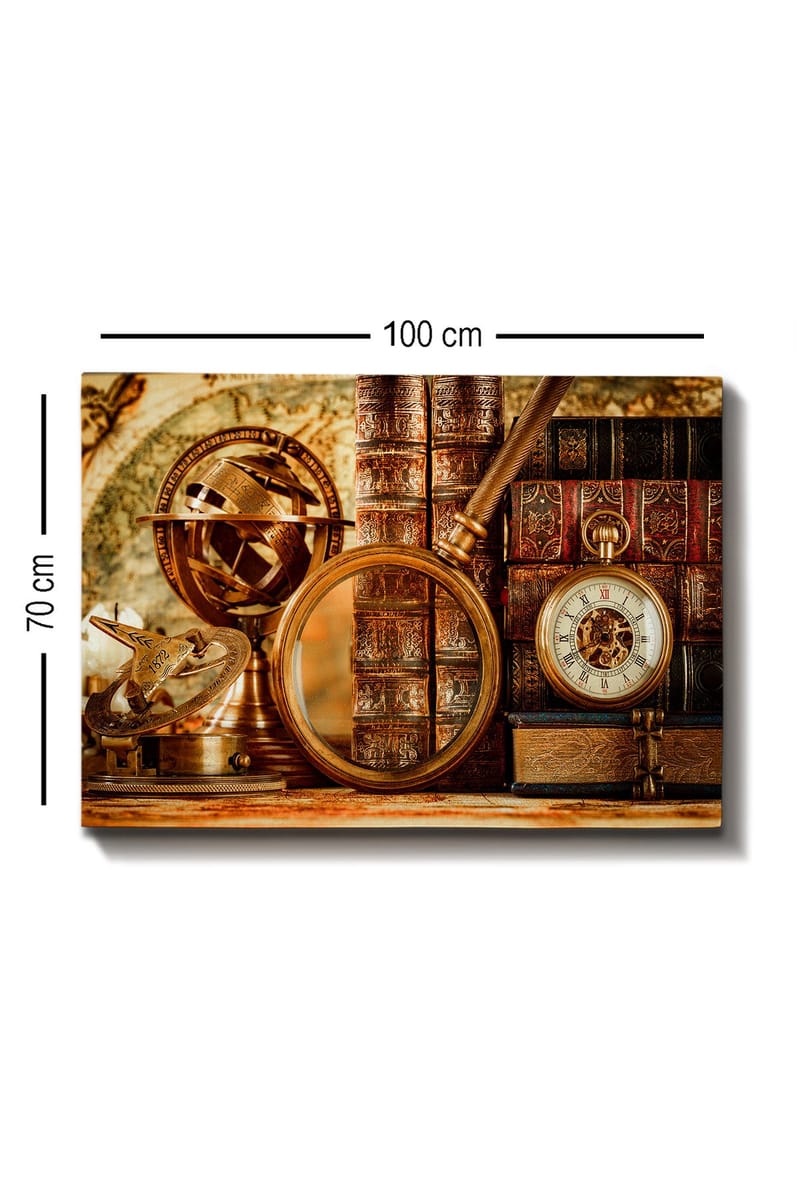 Lerretsbilde 70x100 cm - Samling av antikke navigasjonsverktøy og bøker som formidler en følelse av historie og utforskning - Gull / Brun / Mørk rød - Interiør - Maleri & posters - Lerretsbilder