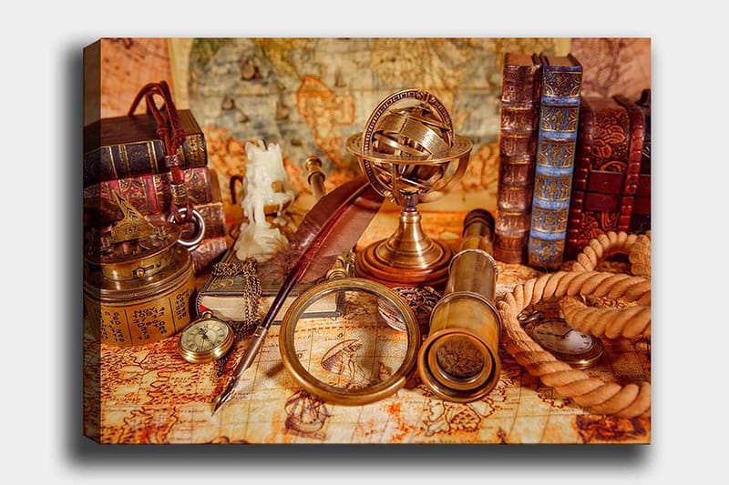 Lerretsbilde 70x100 cm - Samling av antikke navigasjonsverktøy og bøker som skaper en nostalgisk følelse av utforskning, Gull / Brun / Beige