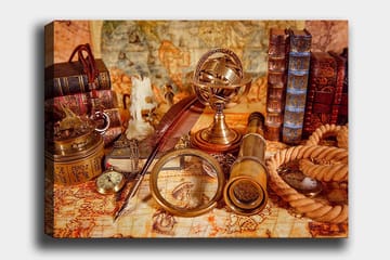 Lerretsbilde 70x100 cm - Samling av antikke navigasjonsverktøy og bøker som skaper en nostalgisk følelse av utforskning - Gull / Brun / Beige - Interiør - Maleri & posters - Lerretsbilder