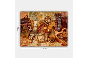Lerretsbilde 70x100 cm - Samling av antikke navigasjonsverktøy og bøker som skaper en nostalgisk følelse av utforskning - Gull / Brun / Beige - Interiør - Maleri & posters - Lerretsbilder