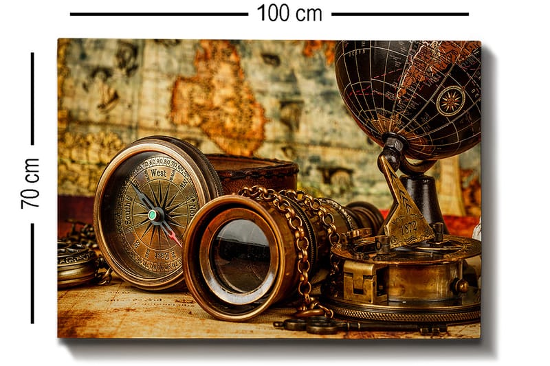 Lerretsbilde 70x100 cm - Samling av antikke navigasjonsverktøy og en globus som symboliserer utforskning og eventyr - Bronse / Svart / Beige - Interiør - Maleri & posters - Lerretsbilder