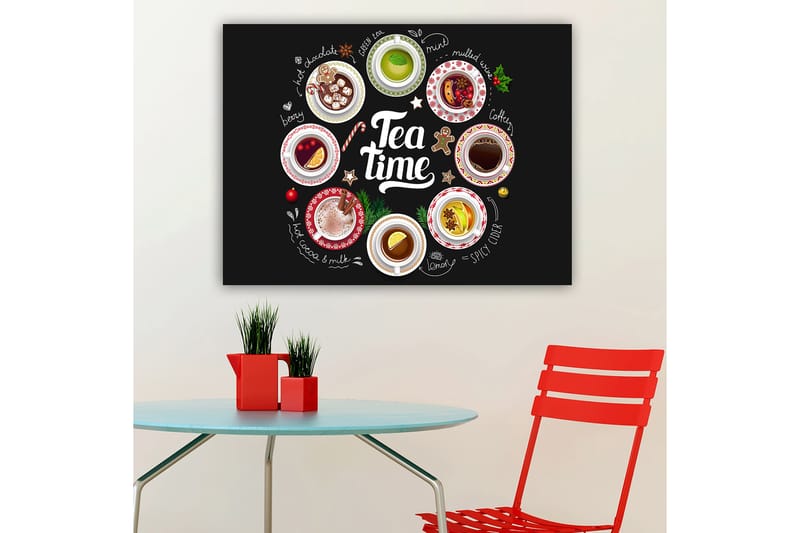 Lerretsbilde 70x100 cm - Samling av diverse te- og kaffedrikker presentert i skåler med dekorasjoner, Rød / Hvit / Grønn