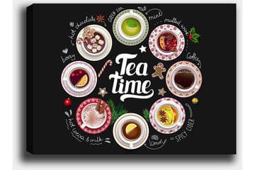 Lerretsbilde 70x100 cm - Samling av diverse te- og kaffedrikker presentert i skåler med dekorasjoner - Rød / Hvit / Grønn - Interiør - Maleri & posters - Lerretsbilder