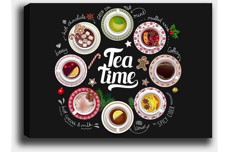 Lerretsbilde 70x100 cm - Samling av diverse te- og kaffedrikker presentert i skåler med dekorasjoner - Rød / Hvit / Grønn - Interiør - Maleri & posters - Lerretsbilder