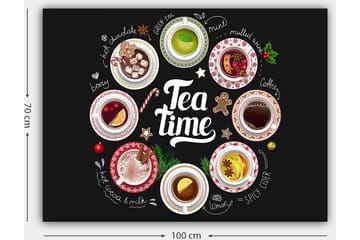 Lerretsbilde 70x100 cm - Samling av diverse te- og kaffedrikker presentert i skåler med dekorasjoner - Rød / Hvit / Grønn - Interiør - Maleri & posters - Lerretsbilder