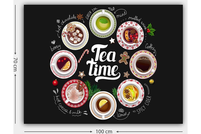 Lerretsbilde 70x100 cm - Samling av diverse te- og kaffedrikker presentert i skåler med dekorasjoner - Rød / Hvit / Grønn - Interiør - Maleri & posters - Lerretsbilder