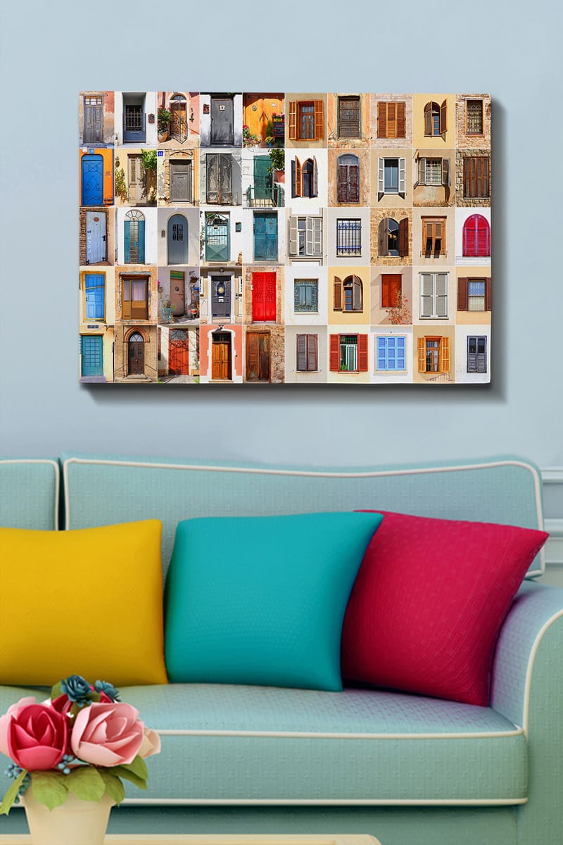 Lerretsbilde 70x100 cm - Samling av fargerike dører og vinduer fra forskjellige bygninger som skaper en levende og variert komposisjon - Blå / Rød / Brun - Interiør - Maleri & posters - Lerretsbilder