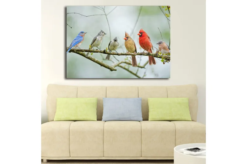 Lerretsbilde 70x100 cm - Samling av fargerike fugler som sitter på en gren - Blå / Rød / Grå - Interiør - Maleri & posters - Lerretsbilder