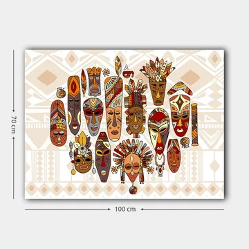 Lerretsbilde 70x100 cm - Samling av fargerike masker med forskjellige ansiktsuttrykk og detaljerte dekorasjoner - Rød / Brun / Beige - Interiør - Maleri & posters - Lerretsbilder