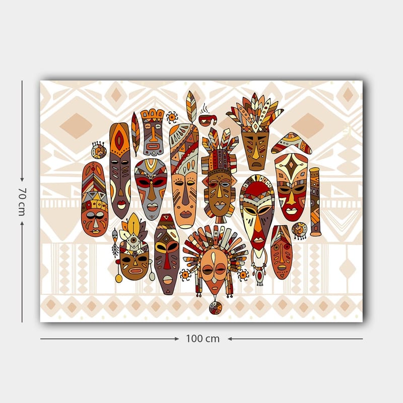 Lerretsbilde 70x100 cm - Samling av fargerike masker med forskjellige ansiktsuttrykk og detaljerte dekorasjoner - Rød / Brun / Beige - Interiør - Maleri & posters - Lerretsbilder
