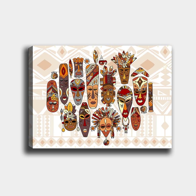 Lerretsbilde 70x100 cm - Samling av fargerike masker med forskjellige ansiktsuttrykk og detaljerte dekorasjoner - Rød / Brun / Beige - Interiør - Maleri & posters - Lerretsbilder