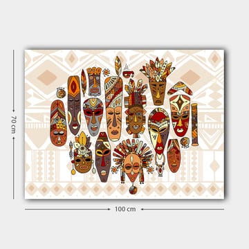 Lerretsbilde 70x100 cm - Samling av fargerike masker med forskjellige ansiktsuttrykk og detaljerte dekorasjoner - Rød / Brun / Beige - Interiør - Maleri & posters - Lerretsbilder