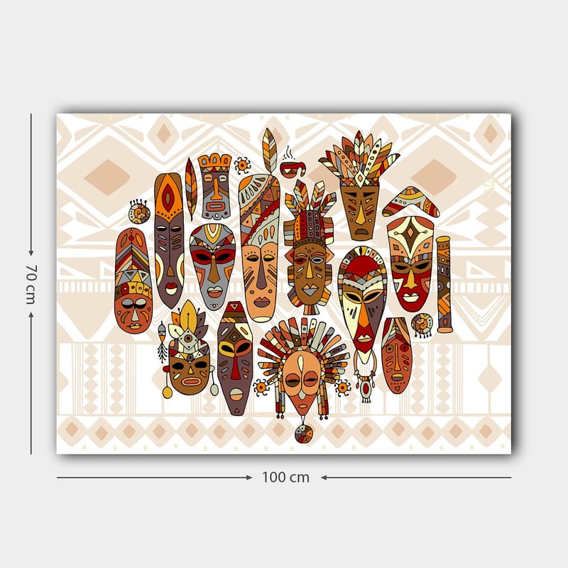 Lerretsbilde 70x100 cm - Samling av fargerike masker med forskjellige ansiktsuttrykk og detaljerte dekorasjoner - Rød / Brun / Beige - Interiør - Maleri & posters - Lerretsbilder