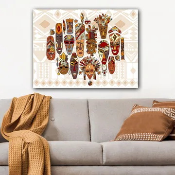 Lerretsbilde 70x100 cm - Samling av fargerike masker med forskjellige ansiktsuttrykk og detaljerte dekorasjoner - Rød / Brun / Beige - Interiør - Maleri & posters - Lerretsbilder