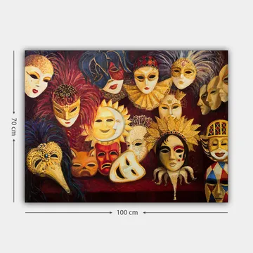 Lerretsbilde 70x100 cm - Samling av fargerike masker med forskjellige uttrykk og detaljer - Gull / Rød / Svart - Interiør - Maleri & posters - Lerretsbilder