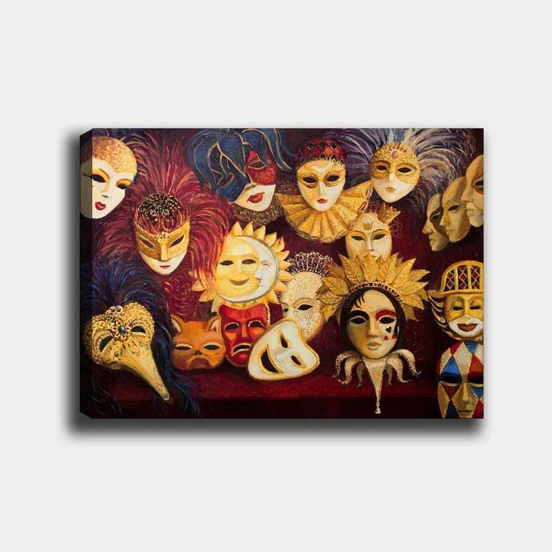 Lerretsbilde 70x100 cm - Samling av fargerike masker med forskjellige uttrykk og detaljer, Gull / Rød / Svart