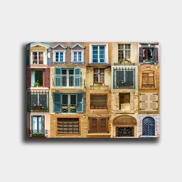 Lerretsbilde 70x100 cm - Samling av fargerike vinduer og balkonger som viser forskjellige arkitektoniske stiler - Gull / Blå / Terrakotta - Interiør - Maleri & posters - Lerretsbilder