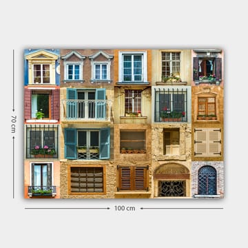 Lerretsbilde 70x100 cm - Samling av fargerike vinduer og balkonger som viser forskjellige arkitektoniske stiler - Gull / Blå / Terrakotta - Interiør - Maleri & posters - Lerretsbilder