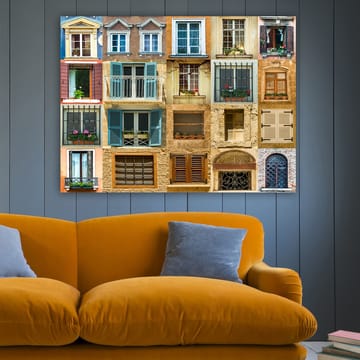 Lerretsbilde 70x100 cm - Samling av fargerike vinduer og balkonger som viser forskjellige arkitektoniske stiler - Gull / Blå / Terrakotta - Interiør - Maleri & posters - Lerretsbilder