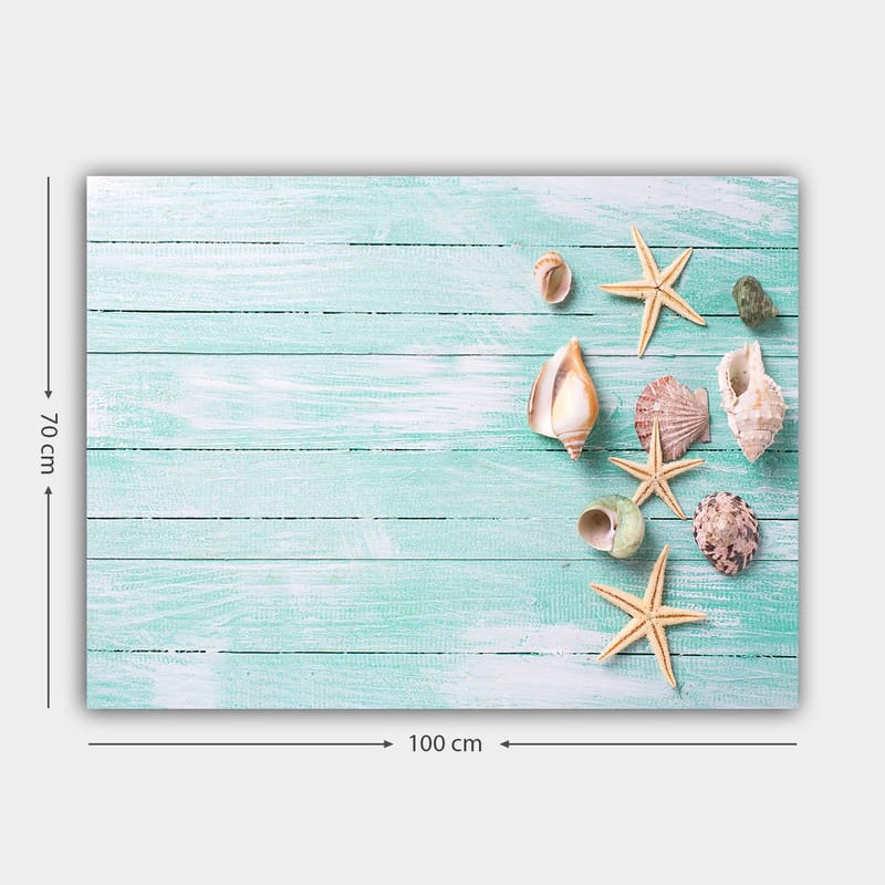 Lerretsbilde 70x100 cm - Samling av skjell og sjøstjerner på en lyseblå treflate - Lys blå / Beige / Grønn - Interiør - Maleri & posters - Lerretsbilder