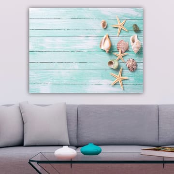Lerretsbilde 70x100 cm - Samling av skjell og sjøstjerner på en lyseblå treflate - Lys blå / Beige / Grønn - Interiør - Maleri & posters - Lerretsbilder