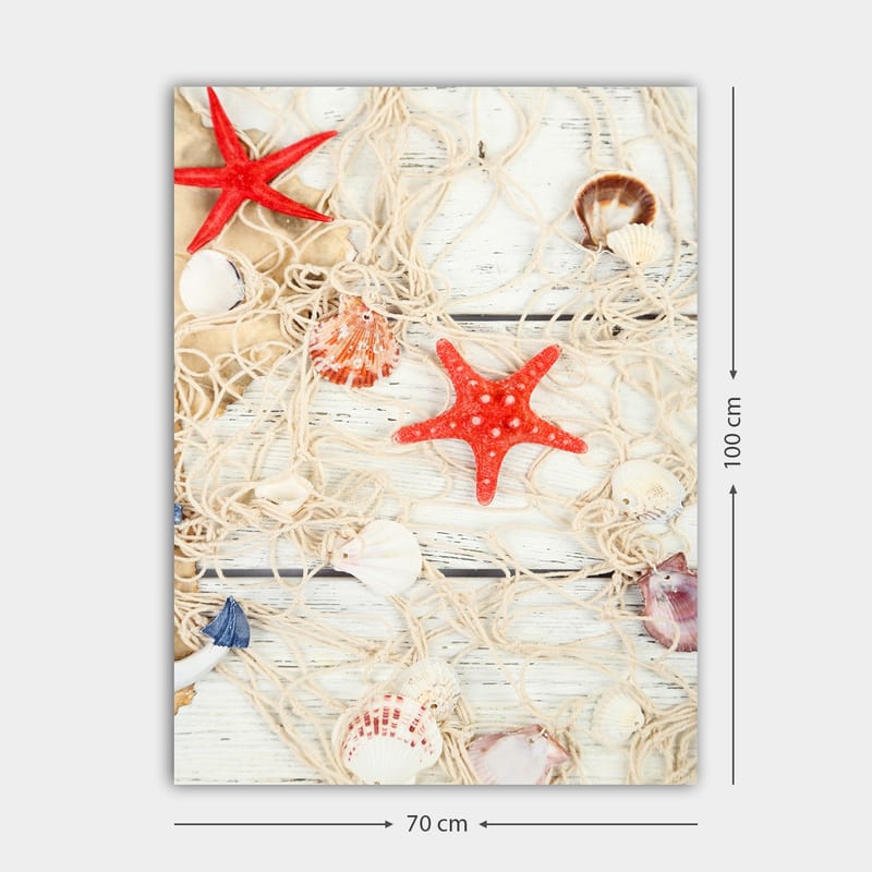 Lerretsbilde 70x100 cm - Samling av skjell og stjerneformede sjøstjerner på et nett - Rød / Beige / Hvit - Interiør - Maleri & posters - Lerretsbilder