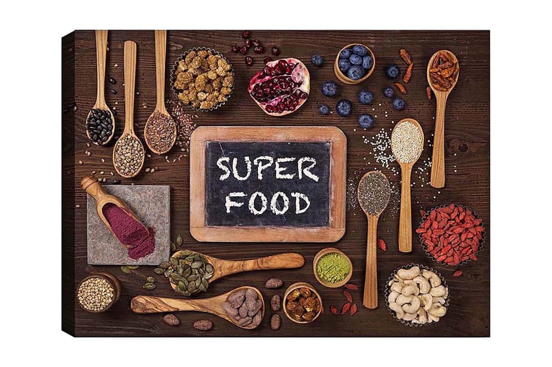 Lerretsbilde 70x100 cm - Samling av supermatvarer arrangert på en treoverflate med en brett som viser teksten SUPER FOOD, Rød / Grønn / Svart