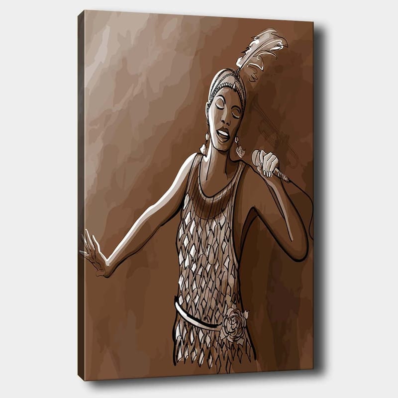 Lerretsbilde 70x100 cm - Sanger i glitrende kjole fremfører en kraftfull sang, Brun / Beige / Hvit