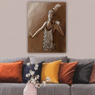 Lerretsbilde 70x100 cm - Sanger i glitrende kjole fremfører en kraftfull sang - Brun / Beige / Hvit - Interiør - Maleri & posters - Lerretsbilder