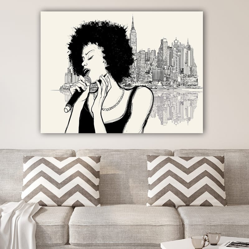 Lerretsbilde 70x100 cm - Sanger med afrohår foran en bysilhuett - Svart / Beige - Interiør - Maleri & posters - Lerretsbilder