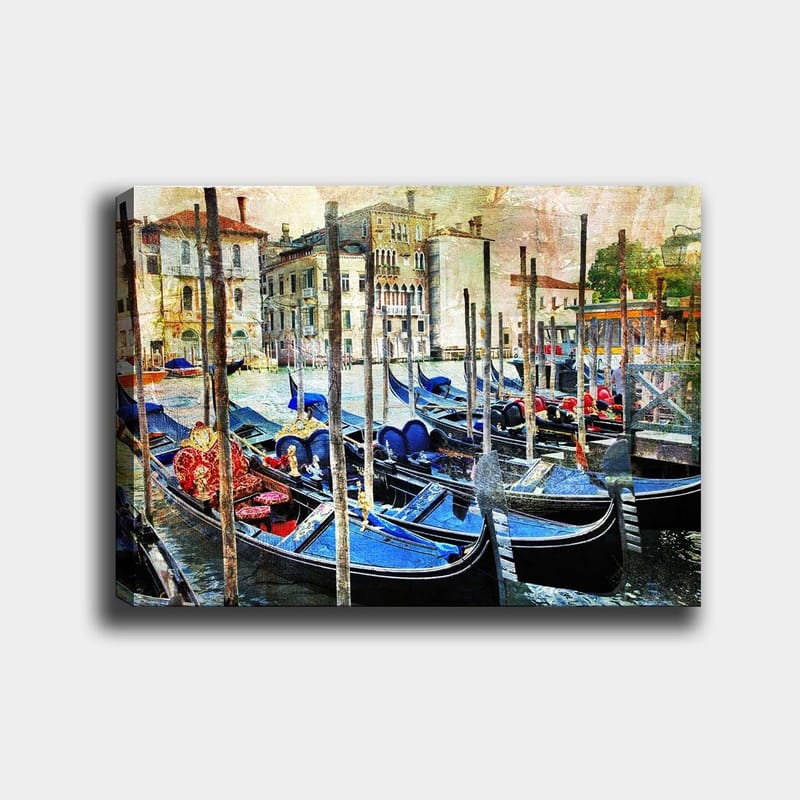Lerretsbilde 70x100 cm - Scene med gondoler i en venetiansk kanal, omgitt av historiske bygninger, Blå / Rød / Svart